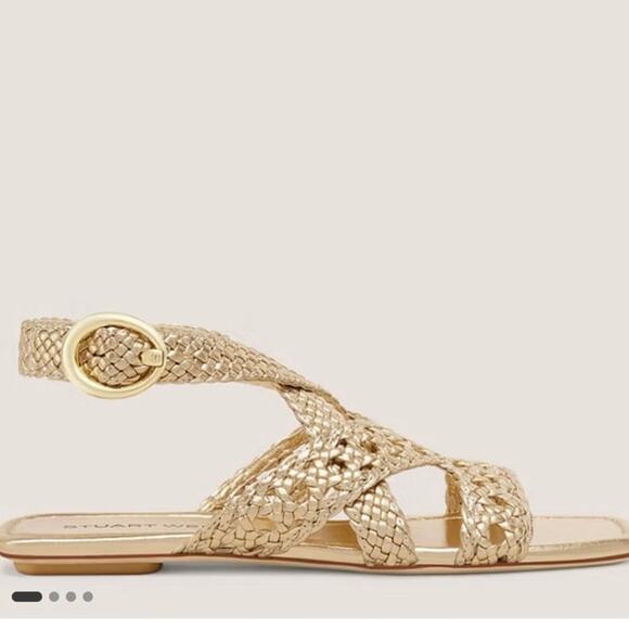NWOB Stuart Weitzman Thea Sandal in Metallic Woven Leather/Golden SZ 8 - Picture 4 of 8
